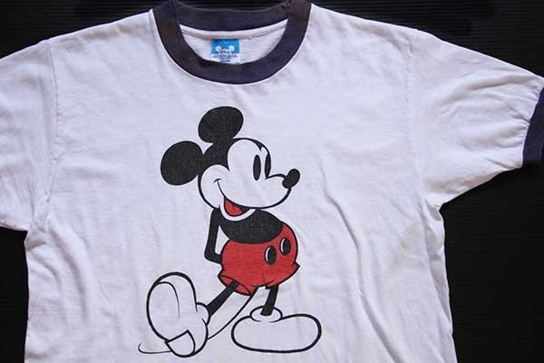 80s USA製 Disneyディズニー ミッキー マウス コットン リンガーTシャツ 白×ナス紺 M