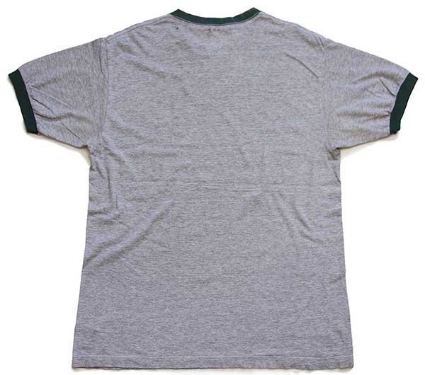 90s USA製 NIKEナイキ ロゴ刺繍 リンガーTシャツ ボロ 杢グレー×緑 M