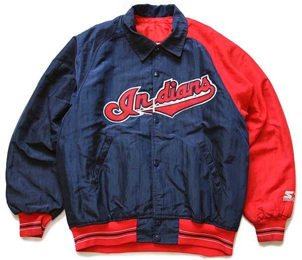 90s USA製 STARTERスターター MLB CLEVELAND Indians ツートン アシンメトリー 中綿入り ナイロンスタジャン 紺×赤  S