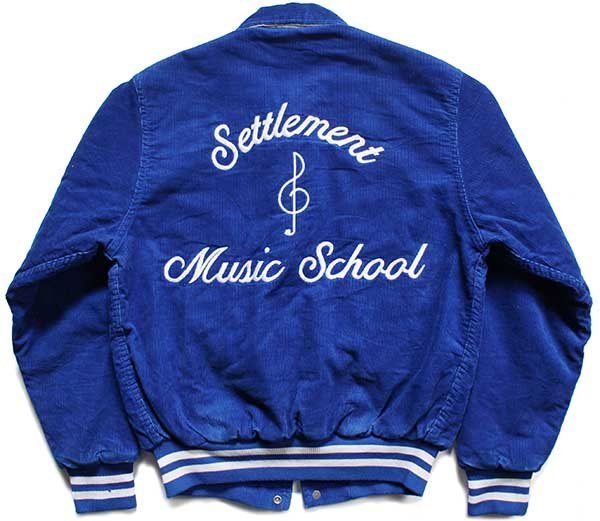80s USA製 Rennoc Settlement Music School バイオリン 刺繍 キルティングライナー コーデュロイスタジャン 青 S  - Sixpacjoe Web Shop