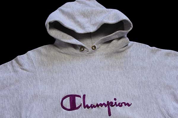 90s USA製 Championチャンピオン スクリプト ビッグロゴ刺繍 リブライン リバースウィーブ スウェットパーカー 杢グレー×紫 M