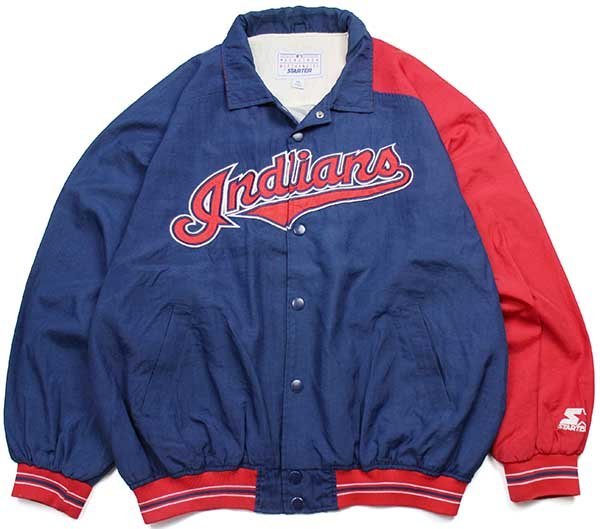 90s STARTERスターター MLB CLEVELAND Indians ツートン アシンメトリー ナイロンスタジャン 紺×赤 XL