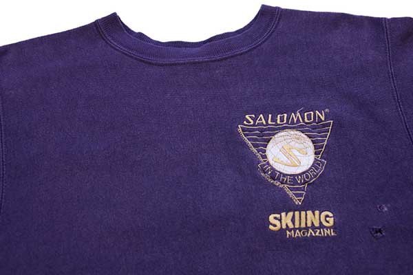 90s USA製 Championチャンピオン SALOMON SKIING MAGAZINE ロゴ刺繍 リバースウィーブ スウェット ボロ 青紫 L