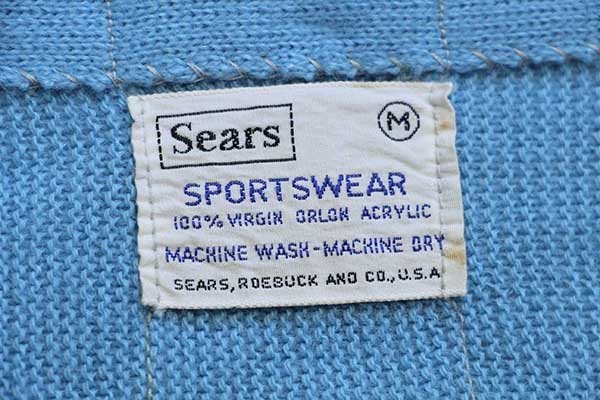60s Sears 無地 パール編み アクリルニット カーディガン 水色 M