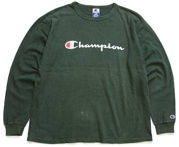 90s USA製 Championチャンピオン スクリプト ビッグロゴ ひび割れプリント コットン 長袖Tシャツ 緑 L