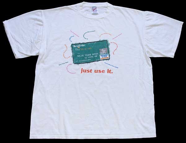 90s USA製 Regions VISA CHECKCARD just use it. クレジットカード コットンTシャツ 白 XL