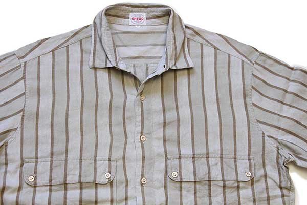 80s イタリア製 SHEDO LINE ストライプ コットン×リネンシャツ V