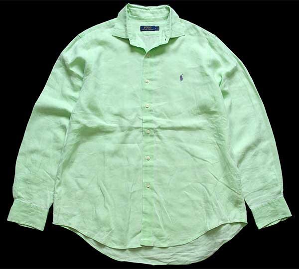 画像1: ラルフローレン ワンポイント ワイドカラー リネンシャツ 黄緑 L (1)