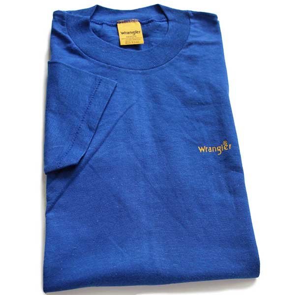 画像1: デッドストック★80s USA製 Wranglerラングラー ロゴ ワンポイント コットンTシャツ 青 M (1)