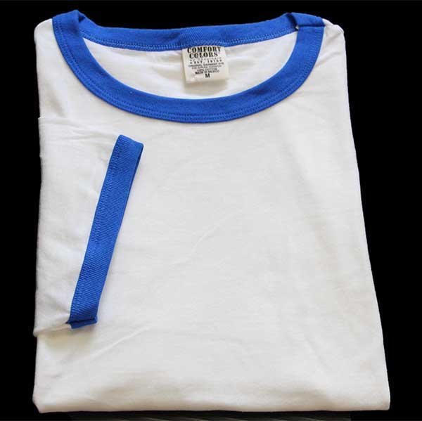 画像1: デッドストック★00s COMFORT COLORS 無地 コットン リンガーTシャツ 白×青 S (1)