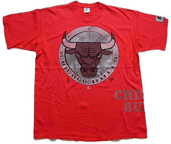 90s USA製 STARTERスターター METALL-X NBA CHICAGO BULLS シカゴ ブルズ コットンTシャツ 赤 XL