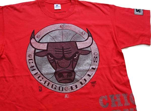 90s USA製 STARTERスターター METALL-X NBA CHICAGO BULLS シカゴ ブルズ コットンTシャツ 赤 XL