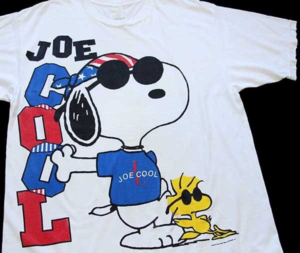 90s スヌーピー ウッドストック JOE COOL 染み込みプリント コットンTシャツ ボロ 白 XL