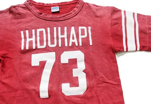 画像1: 70s USA製 Championチャンピオン IHDUHAPI 73 ナンバリング コットン フットボールTシャツ 赤 フェード ボーイズL (1)