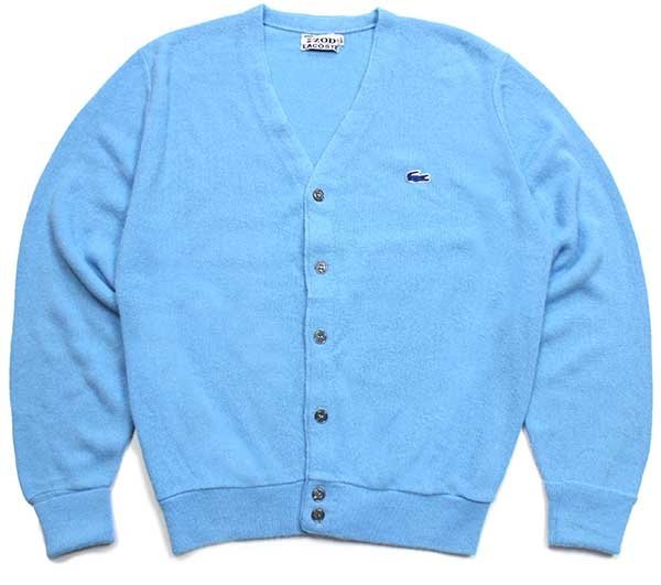 70s IZOD LACOSTE ラコステ ワンポイント パール編み アクリルニット カーディガン 水色 M