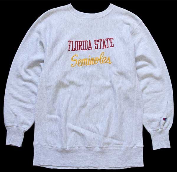 画像1: 90s USA製 Championチャンピオン FLORIDA STATE Seminoles 刺繍 リバースウィーブ スウェット 杢グレー XL (1)