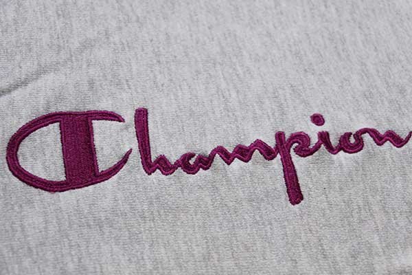 90s USA製 Championチャンピオン スクリプト ビッグロゴ刺繍 リブライン リバースウィーブ スウェットパーカー 杢グレー×紫 M★142