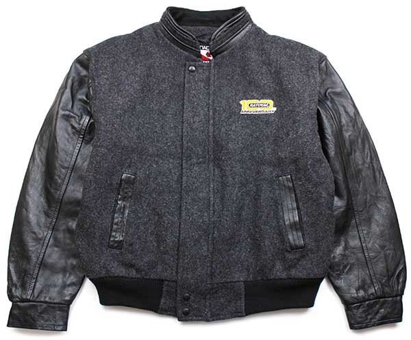 画像1: 90s カナダ製 RAYOVAC刺繍 スタンドカラー 中綿入り メルトン ウール 袖革スタジャン チャコールグレー×黒 (1)