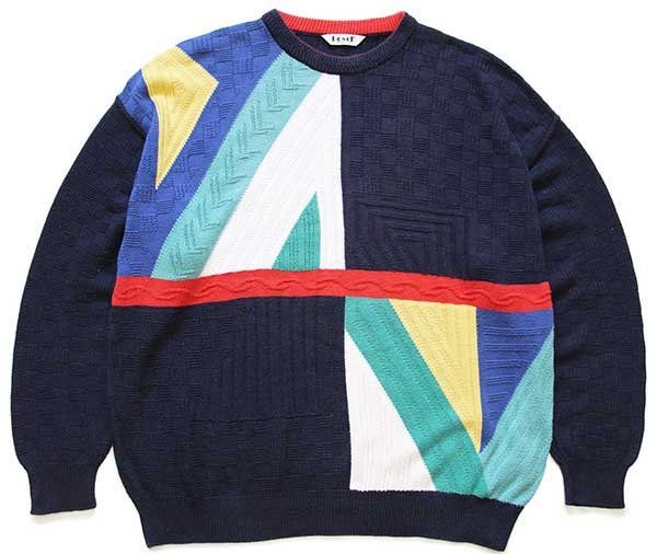 90s イタリア製 bosch 編み柄 パネル切り替え コットン×アクリルニット