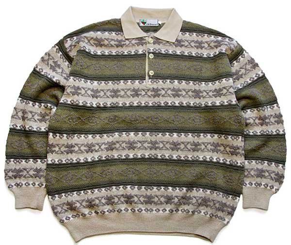 画像1: 90s イタリア製 Gio ferrari フォークロア柄 襟付き ウール×アクリルニット セーター XL★ポロシャツ (1)