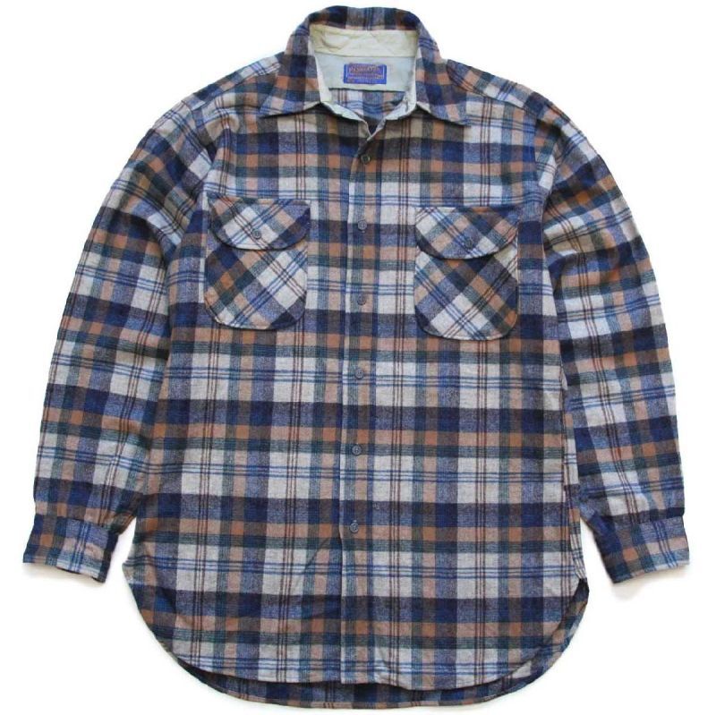 42cm素材ペンドルトン 70s ウール100％ チェック 長袖 シャツ M ブルー系 PENDLETON メンズ   【230109】