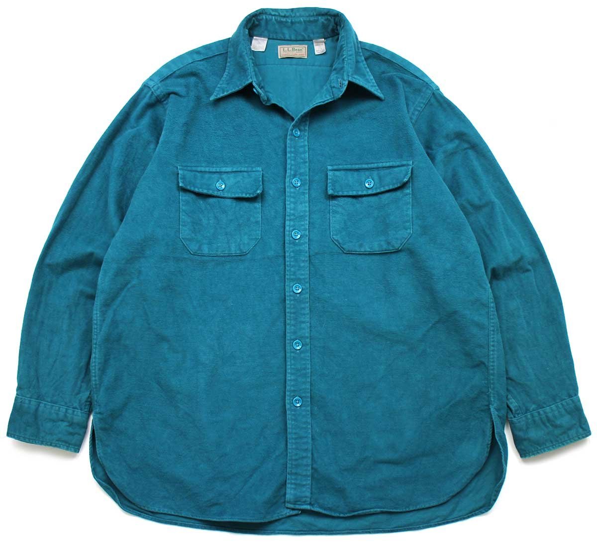 画像1: 80s USA製 L.L.Bean CHAMOIS CLOTH SHIRT 無地 コットン シャモアクロスシャツ 青緑 17.5 (1)