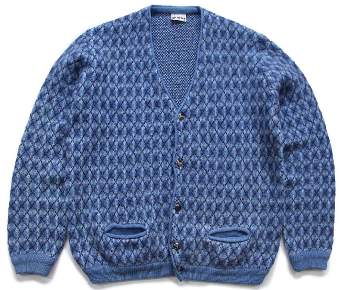 画像1: 70s イタリア製 アーガイル柄 ジャガード ウール×アクリルニット カーディガン ブルー 54 (1)