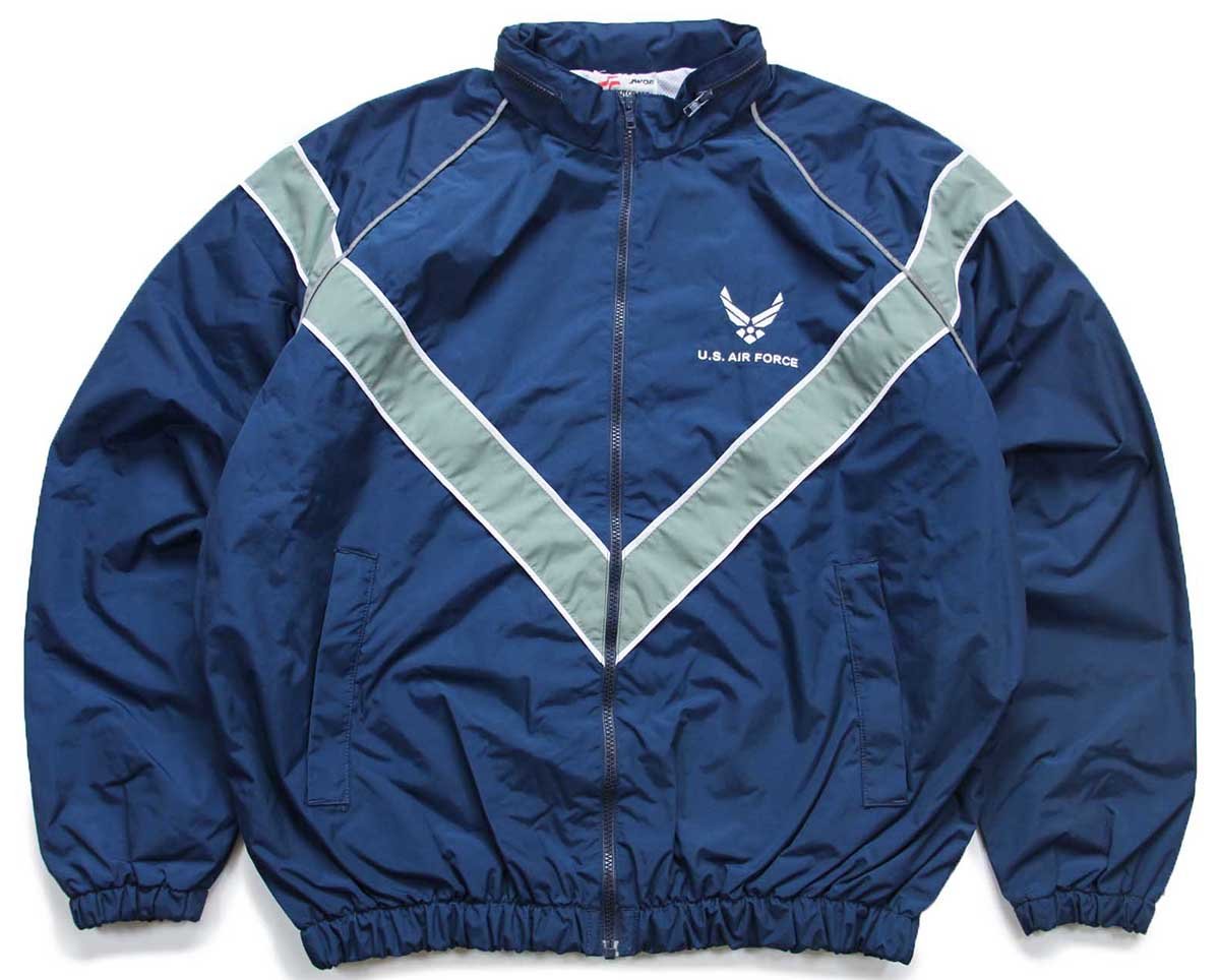 画像1: 00s 米軍 U.S.AIR FORCE ロゴ刺繍 PTU トレーニング ナイロンジャケット 紺 L-R★IPFU (1)