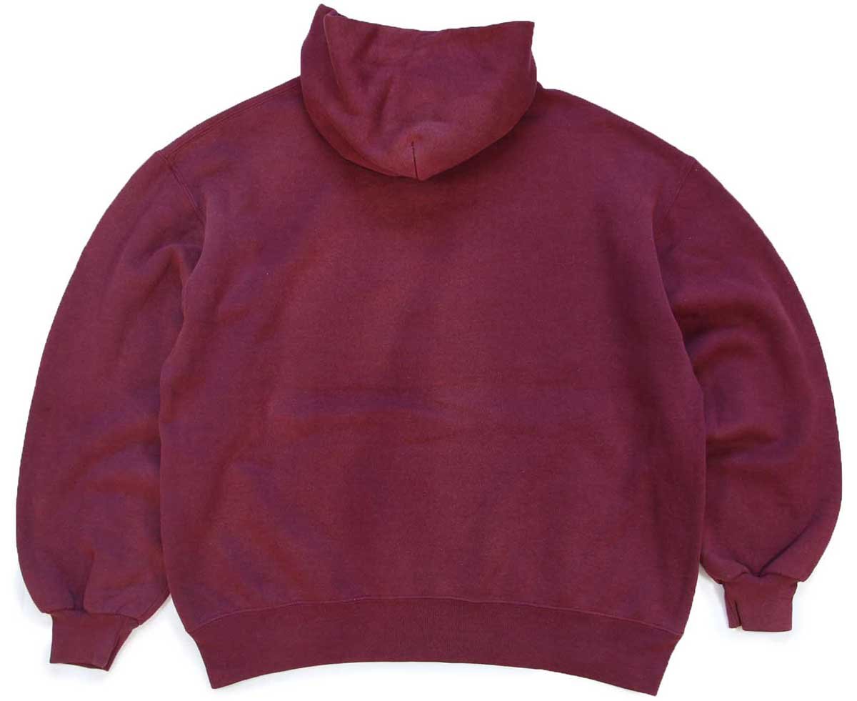 画像2: 90s USA製 RUSSELLラッセル 無地 ブリーチ スウェットパーカー ワインレッド フェード L★フーディー ブランク (2)