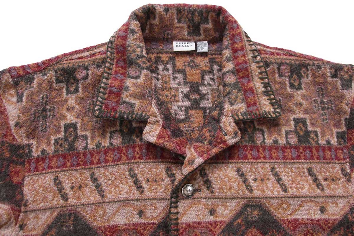 画像3: 90s トルコ製 CHICO'S DESIGN フォークロア柄 コンチョボタン ウール混 ブランケット コート ML (3)