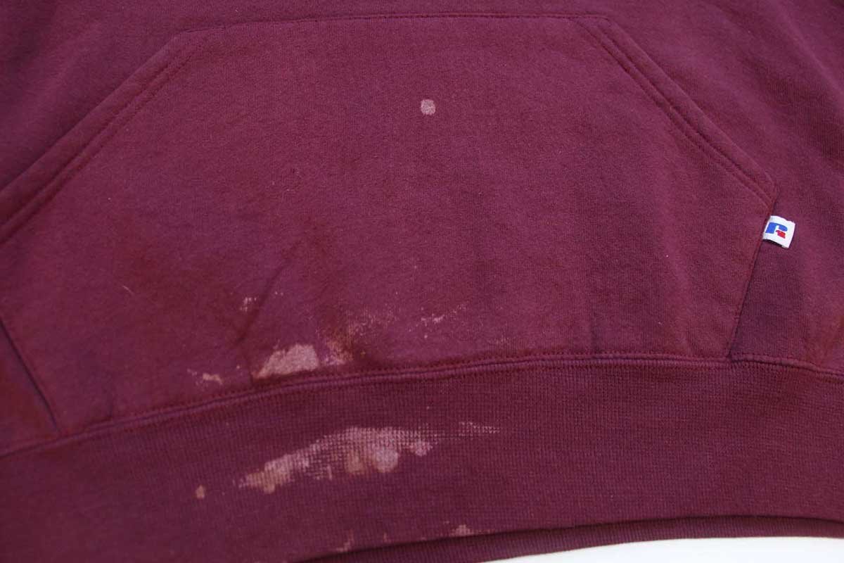 画像5: 90s USA製 RUSSELLラッセル 無地 ブリーチ スウェットパーカー ワインレッド フェード L★フーディー ブランク (5)