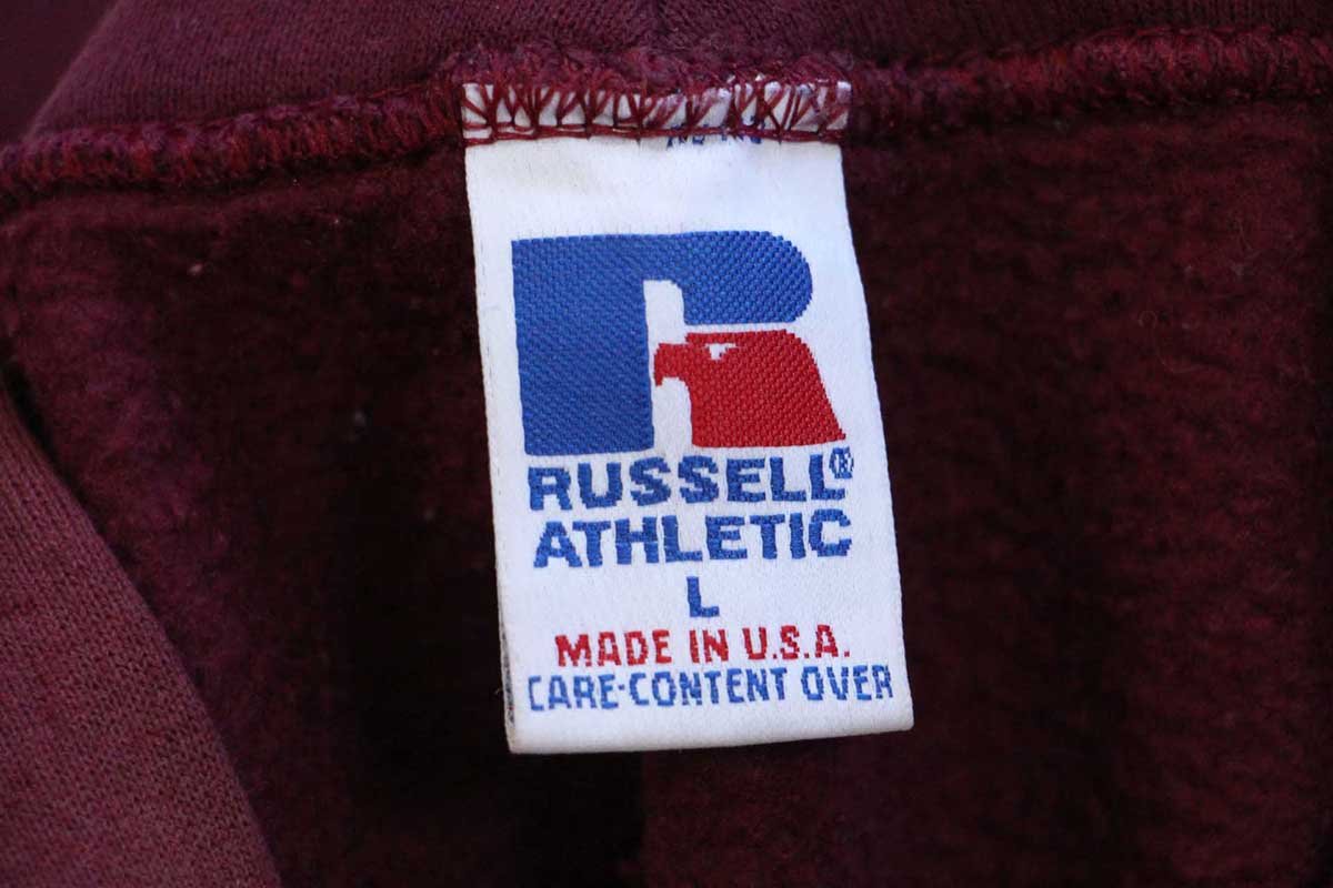 画像3: 90s USA製 RUSSELLラッセル 無地 ブリーチ スウェットパーカー ワインレッド フェード L★フーディー ブランク (3)