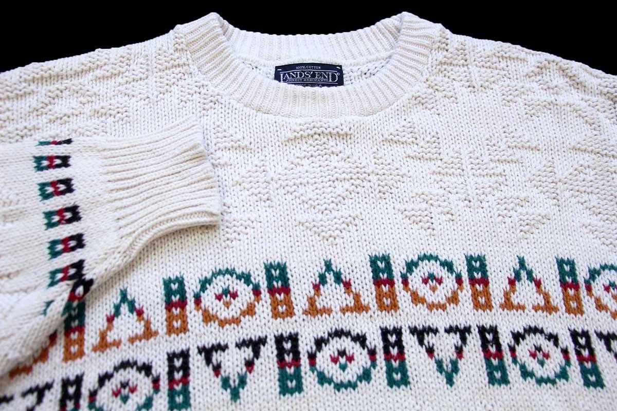 画像3: 90s USA製 LANDS'ENDランズエンド フォークロア 編み柄 コットンニット セーター M (3)
