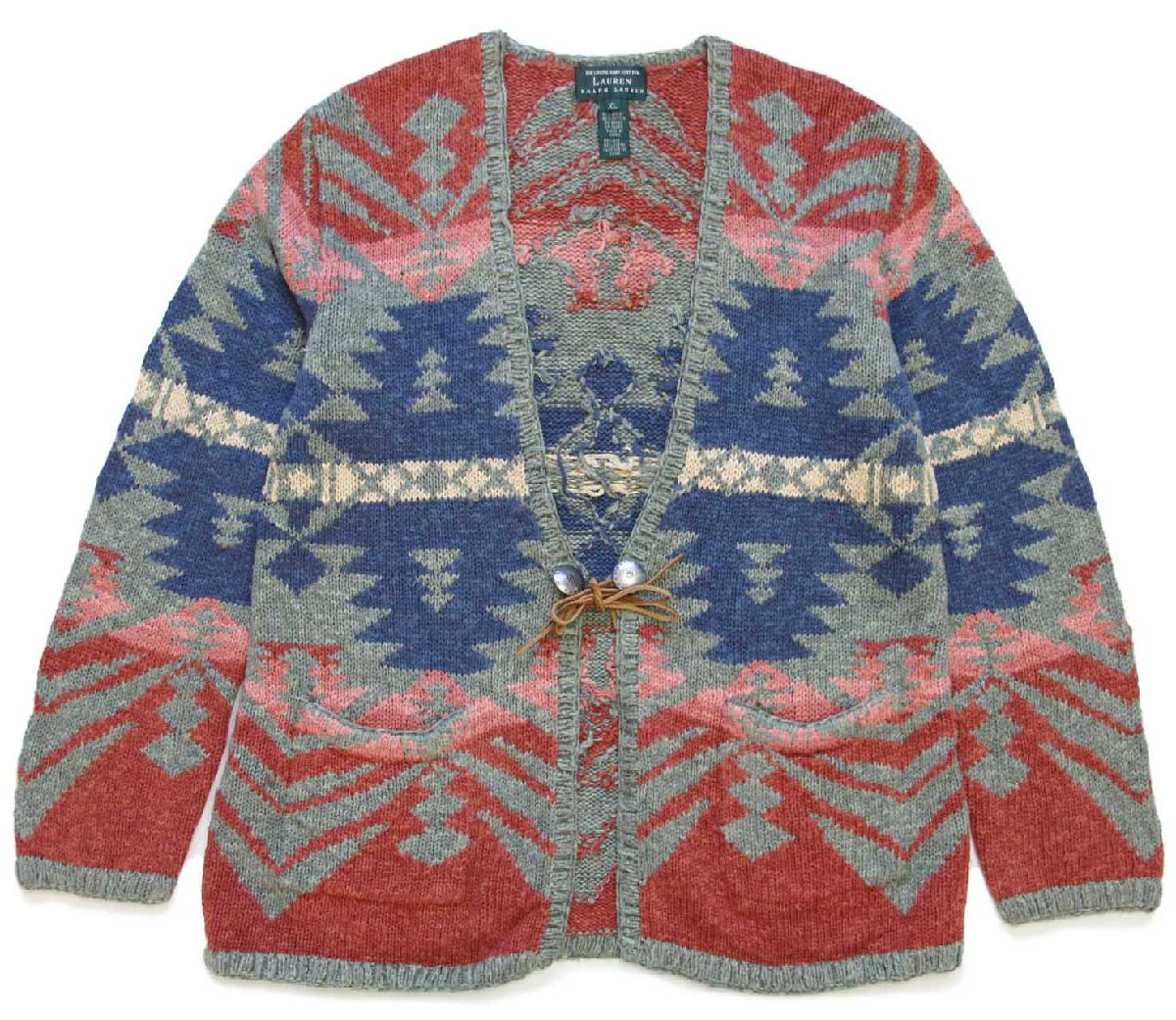 画像1: 00s LAUREN ラルフローレン ネイティブ柄 コンチョボタン リネン×コットン ハンドニット カーディガン M (1)