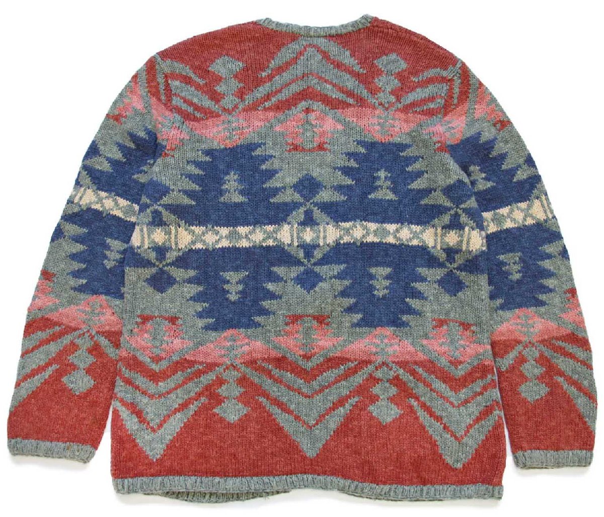 画像2: 00s LAUREN ラルフローレン ネイティブ柄 コンチョボタン リネン×コットン ハンドニット カーディガン M (2)