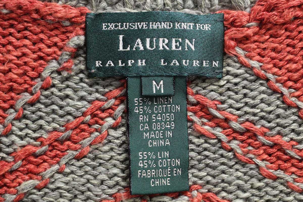 画像4: 00s LAUREN ラルフローレン ネイティブ柄 コンチョボタン リネン×コットン ハンドニット カーディガン M (4)