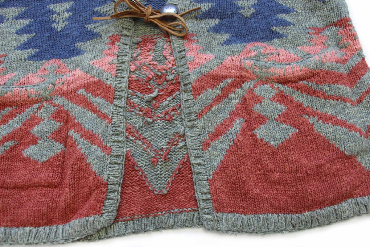 画像7: 00s LAUREN ラルフローレン ネイティブ柄 コンチョボタン リネン×コットン ハンドニット カーディガン M (7)