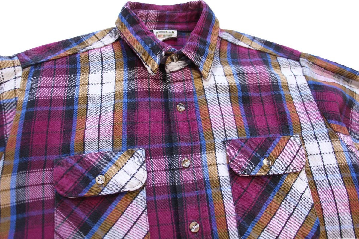 画像3: 90s USA製 FIVE BROTHERファイブブラザー チェック コットン フランネルシャツ L-T (3)