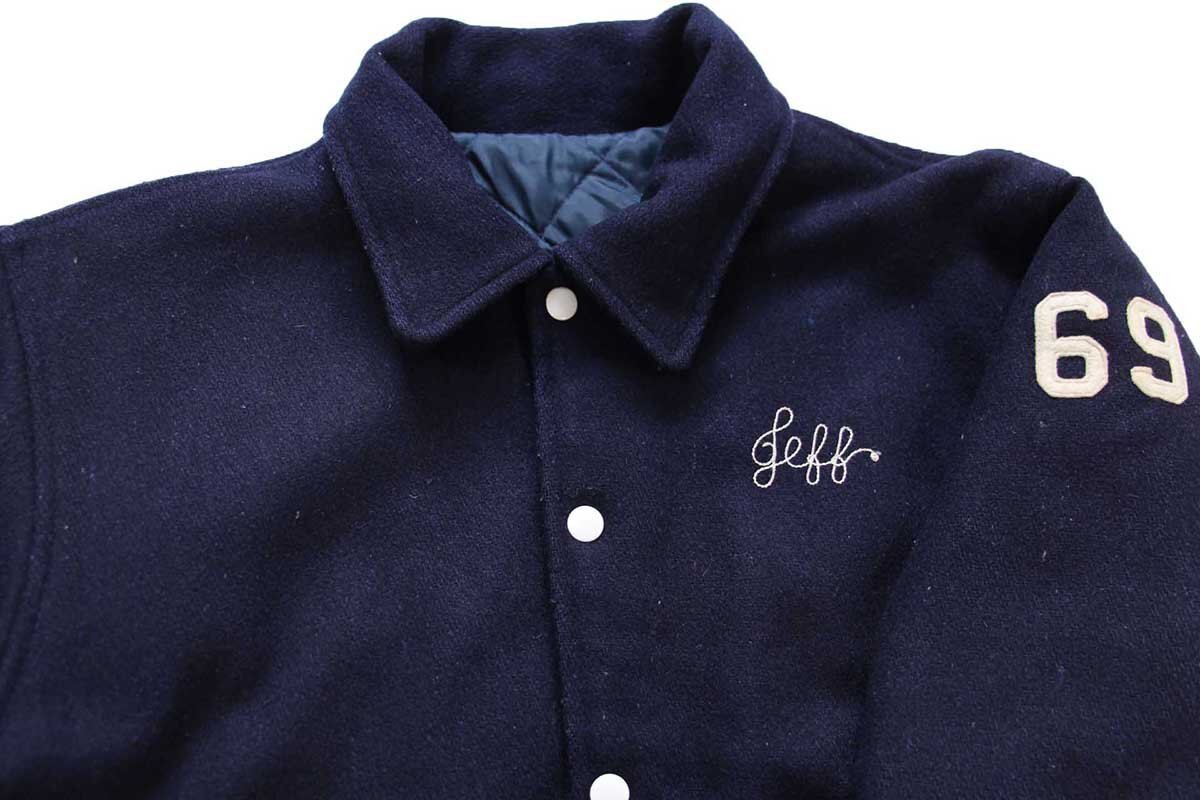 画像3: 70s Fordham HFCS アメフト チェーン刺繍&レタード&フェルトパッチ キルティングライナー メルトン ウール スタジャン 紺 (3)