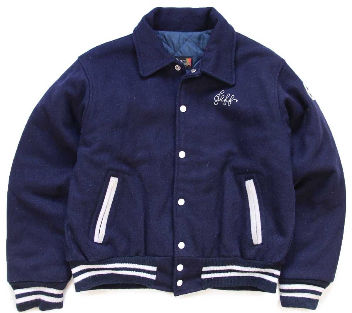 画像1: 70s Fordham HFCS アメフト チェーン刺繍&レタード&フェルトパッチ キルティングライナー メルトン ウール スタジャン 紺 (1)