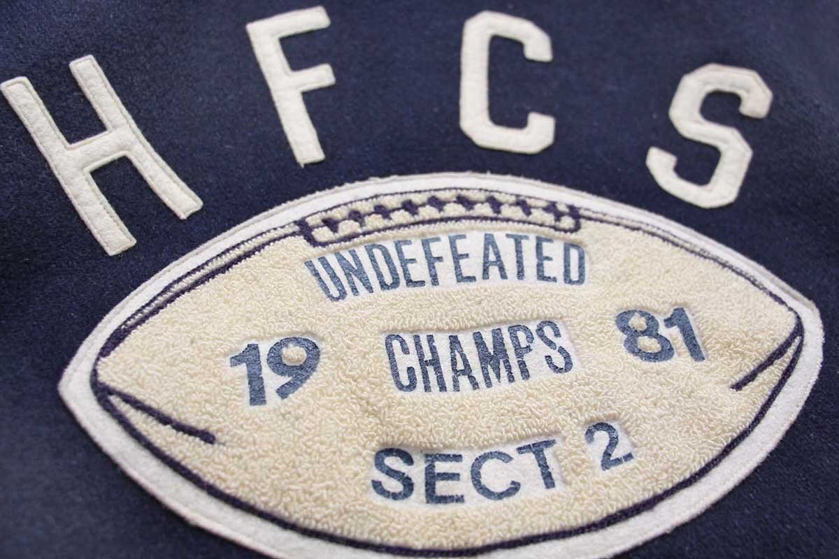 画像4: 70s Fordham HFCS アメフト チェーン刺繍&レタード&フェルトパッチ キルティングライナー メルトン ウール スタジャン 紺 (4)
