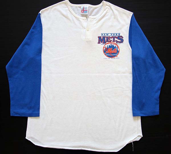 80s USA製 MLB NEW YORK METS ツートン ヘンリーネック 七分袖Tシャツ 