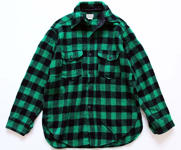 70s L.L.Bean 筆記体タグ バッファローチェック ウールシャツ 緑×黒 L 