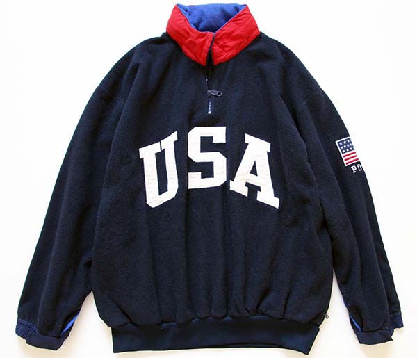 90s ポロ ラルフローレン USA & 星条旗 プルオーバー フリース 紺 L 