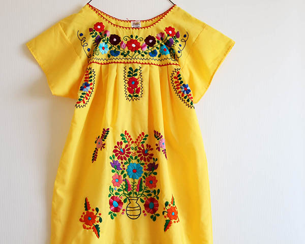 メキシコ製 花柄刺繍 チュニック ワンピース 黄 - Sixpacjoe Web Shop