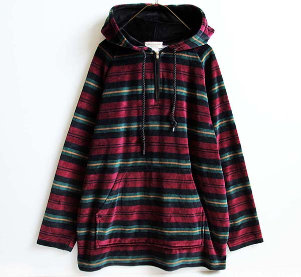 90s JONES NEW YORK ランダムボーダー ハーフジップ ベロアパーカー S 
