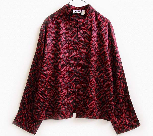 90s CHICO'S DESIGN 総柄 シルク チャイナシャツ 黒×赤 2 - Sixpacjoe 