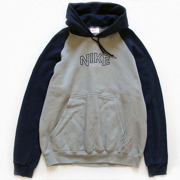 90s USA製 NIKEナイキ ロゴ刺繍 ツートン スウェットパーカー グレー 