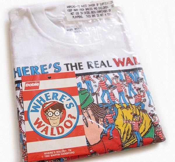 デッドストック☆90s USA製 WHERE'S WALDO? 染み込みプリント コットン 