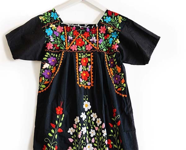 メキシコ 花柄刺繍 マキシ丈 チュニック ワンピース 黒 - Sixpacjoe 